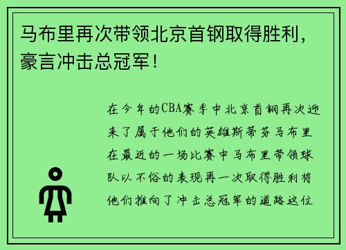 马布里再次带领北京首钢取得胜利，豪言冲击总冠军！